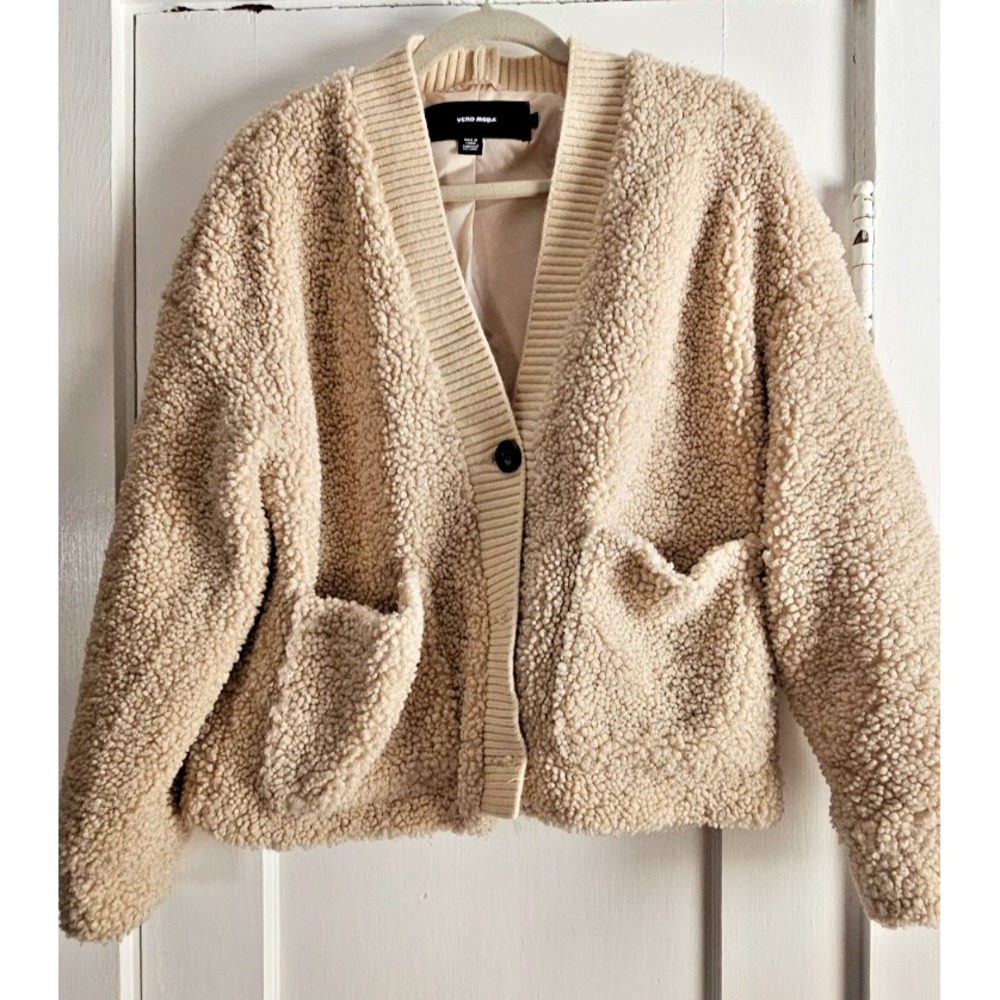 VERO MODA VMANNIKA short Teddy cardigan jacket women's M beige
